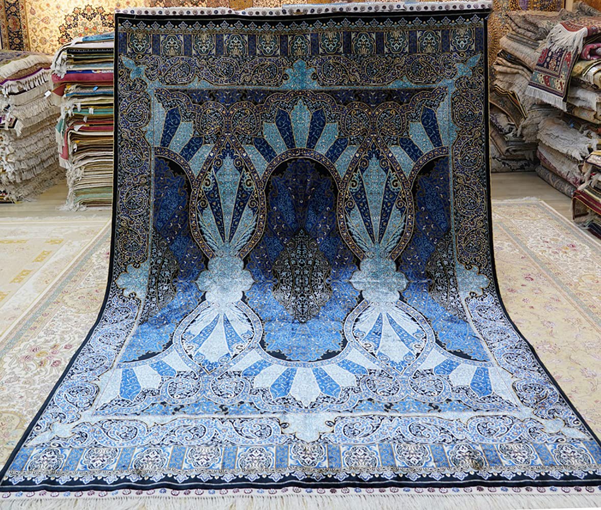 Yuchen Blue Turkish Silk Rug Isfahan Handmade Turkish Rugs for Living Room  Qum Silk Carpet for Dinning Room (7ft x 10ft)